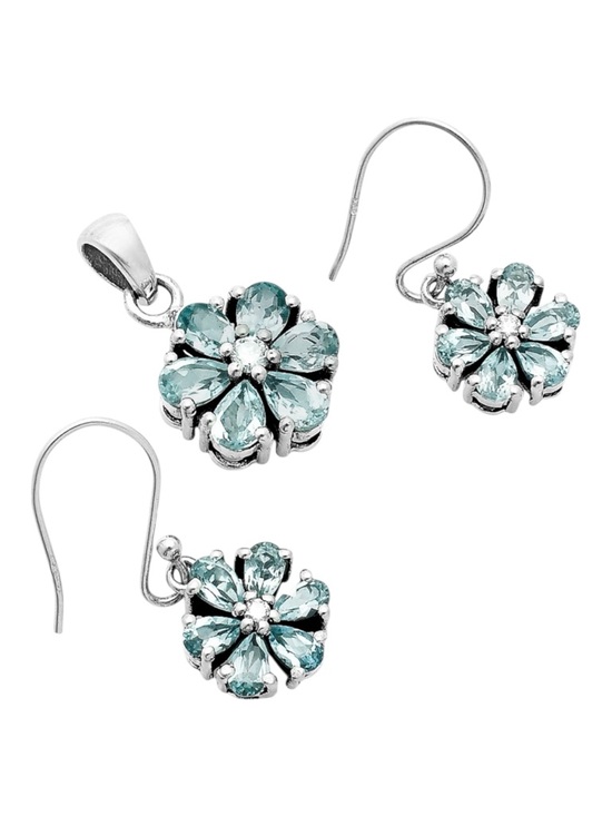 Blue Topaz Solid 925 Sterling Silver Pendant & Earrings Set